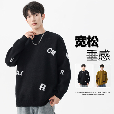 美式潮牌重磅刺绣时尚圆领长袖毛衣男春秋季宽松百搭情侣装针织衫