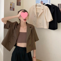 夏装韩版气质新款宽松外搭短款双排扣西装领薄款短袖外套上衣女装_1