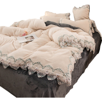 美帮汇冬天四件套 双面绒被套珊瑚绒韩式蕾丝花边保暖床单毛绒法拉绒 女