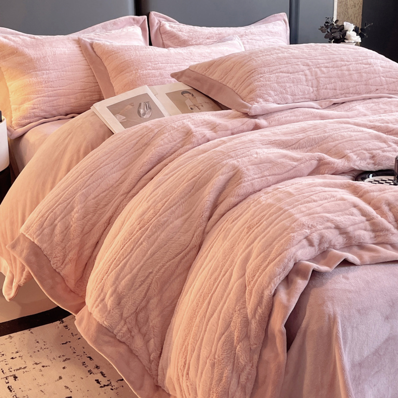 高端兔毛绒四件套冬季加厚加密床上被套双面绒被罩牛奶绒圆角床单