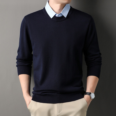 精纺含绵羊毛可机洗假两件毛衣男秋季新款330克翻领打底针织衫男