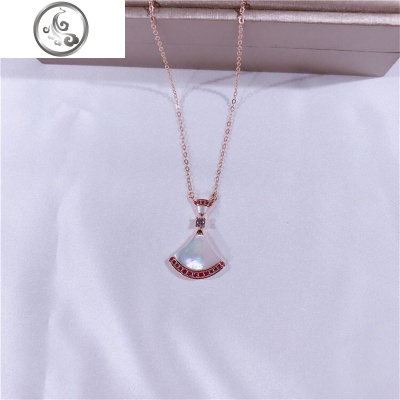 925纯银扇子项链女小红裙子吊坠白红贝母网红扇形锁骨链玫瑰金 JiMi