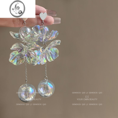 JiMi新款透明花朵水球耳环女小众法式轻奢新娘结婚耳钉个性夸张风耳饰