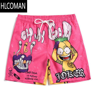 HLCOMAN沙滩裤男速干可下水潮流卡通五分休闲裤度假旅游泡温泉宽松游泳裤