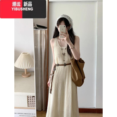 YIBUSHENG波西米亚风镂空针织背心连衣裙女季叠穿吊带裙流苏长裙度假裙子