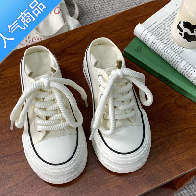 SUNTEK易少年 厚底增高半托两穿帆布鞋女ins潮超火百搭懒人一脚蹬小白鞋