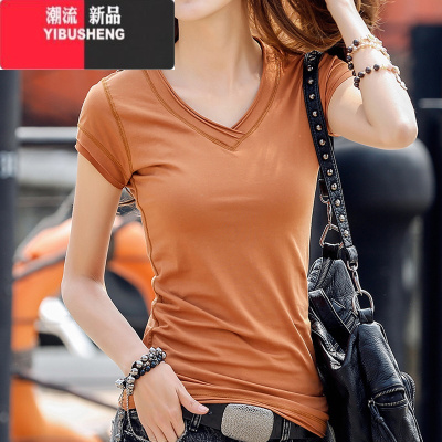 YIBUSHENG2件49元 V领白色短袖t恤女2024年新款ins潮黑色半袖体恤短款上衣