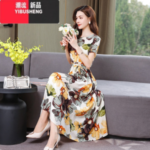 YIBUSHENG新款过膝高端麻连衣裙女中长款40岁50人造棉中年气质妈妈装