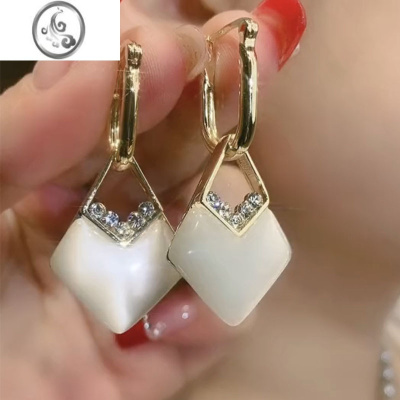 JiMi猫眼石几何菱形耳环高级感轻奢气质耳坠耳饰小众设计感银针耳钉女