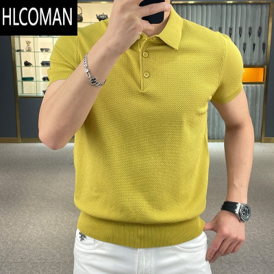 HLCOMAN衫针织短袖t恤男2023新款夏季个性纯色简约半袖翻领上衣潮流