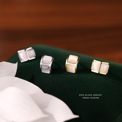 s999足银猫眼石几何耳钉复古港风简约百搭气质高级感短款耳饰批发送女朋友老婆情人节七夕生日礼物