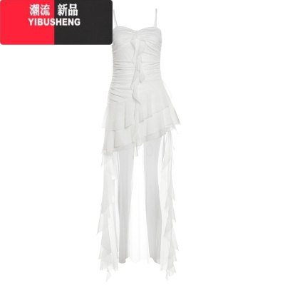 YIBUSHENG 法式仙纯欲荷叶边拼接吊带连衣裙女小众修身显瘦不规则裙