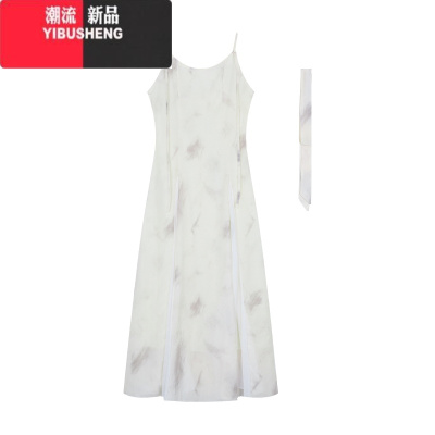 YIBUSHENG法式复古水墨印花吊带连衣裙女季新款拼接A字裙大摆裙