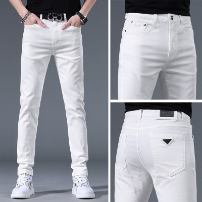 夏季新款高端白色牛仔裤男士潮牌修身小脚弹力休闲长裤子男款