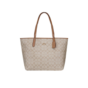 蔻驰(COACH)女包 经典标志双面老花双面托特包PVC磁扣款手提托特包 购物袋单肩女包 5696 5696I奶茶色