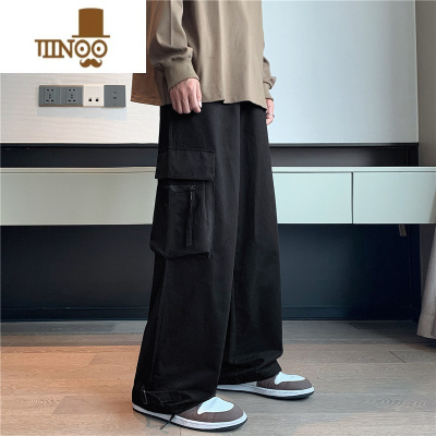 YANXU红色工装裤高街男夏季薄款美式潮牌设计感休闲裤宽松直筒拖地长裤