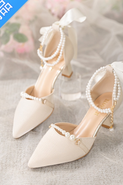 SUNTEK鞋子女2023新款日常百搭甜美尖头细跟中跟丝带高跟鞋旗袍鞋