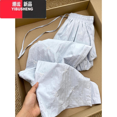 YIBUSHENG港风chic蓝色高腰休闲裤女季宽松阔腿原宿风休闲百搭直筒长裤潮