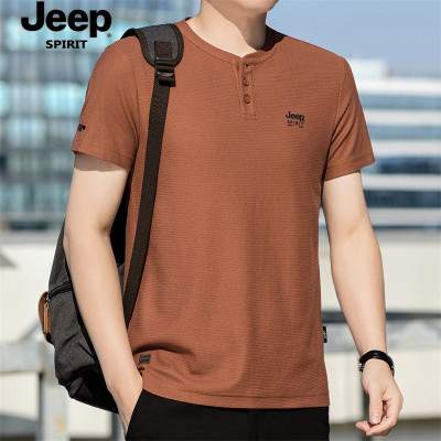 JP2025春夏新款男士珠地棉休闲三粒扣宽松大码圆领半袖T恤