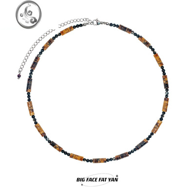 JiMi民族冷淡咖色波西米亚风复古石串珠项链虎眼石木质拼接锁骨女