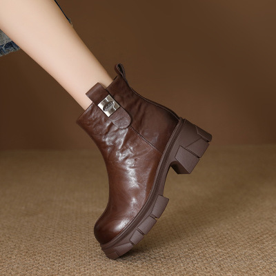 头层牛皮秋冬新款短靴女复古圆头粗跟加绒保暖马丁靴女烟筒靴