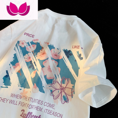 七斓日系樱花短袖t恤男ins潮牌夏季新款宽松大码情侣装半袖美式上衣服