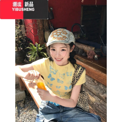 YIBUSHENG多巴胺甜辣黄色正肩短袖T恤女季蝴蝶印花修身显瘦辣妹短款上衣
