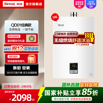 Rinnai/林内 燃气热水器家用强排式变频恒温天然气10升10QD01防风防冻C01/D01迷你机身