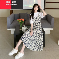 YIBUSHENG季大码上衣拼接雪纺碎花背带连衣裙子胖mm韩版宽松遮肚子两件套
