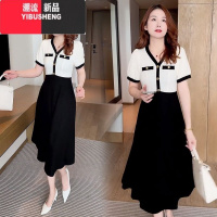 YIBUSHENG短袖连衣裙女季新款时尚洋气收腰显瘦气质假两件中长款A字裙子