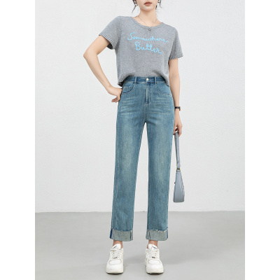 年夏季创意新款牛仔窄版阔腿裤女翻毛边直筒九分裤薄