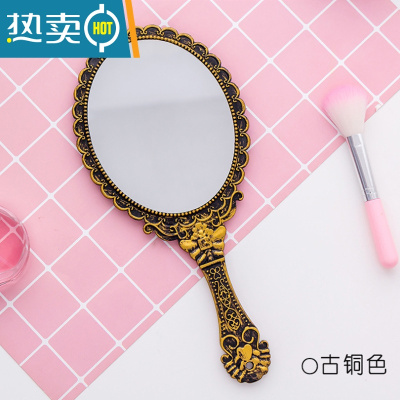 敬平复古宫廷风手柄化妆镜美容院专用纹绣镜便携随身手持手拿高清镜子便携式用镜 黄古铜色--1个装
