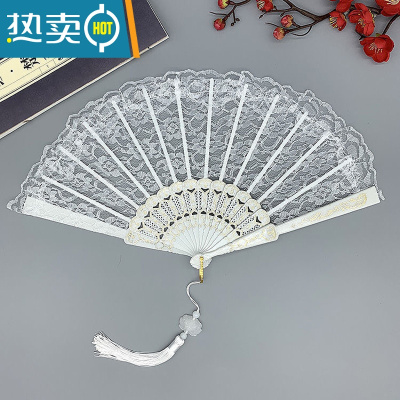 XIANCAI洛丽塔蕾丝扇子中国风旗袍汉服折扇舞蹈专用扇复古和风摆拍照道具 白色(加莲花大流苏)