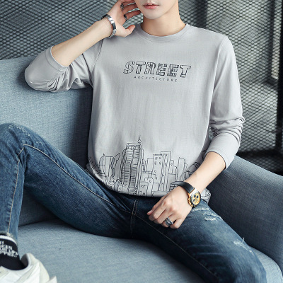 男装长袖T恤秋季新款港风潮牌纯棉圆领打底衫男学生修身秋衣