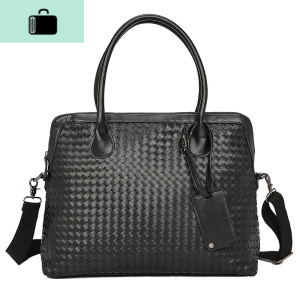 编织商务男士横款手提包公文包时尚手工编织皮质出差包单肩电脑包NEW LAKE 黑色男士手提包 黑色