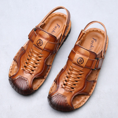 凉鞋男士潮款包头夏季外穿头层牛皮休闲沙滩鞋男防滑牛筋底镂空男