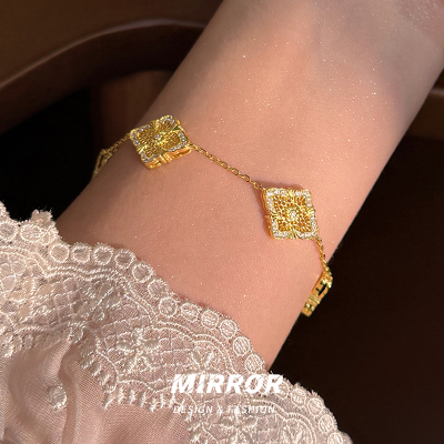 925纯银镂空四叶草手链女手环手饰时尚个性ins风礼物气质潮送女朋友老婆情人节七夕生日礼物