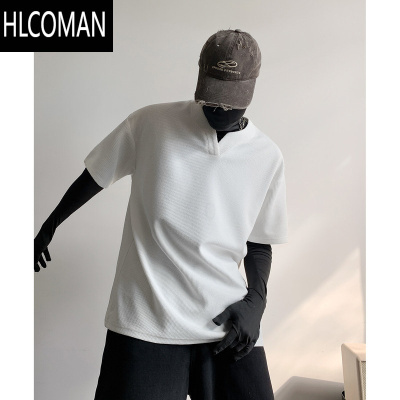 HLCOMAN2025年新款夏季亨利领短袖T恤v领宽松男女半袖体恤潮牌老钱风