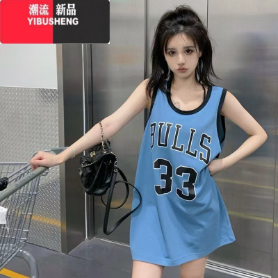YIBUSHENG下衣失踪t恤女无袖中长款球衣美式复古外穿运动宽松背心潮