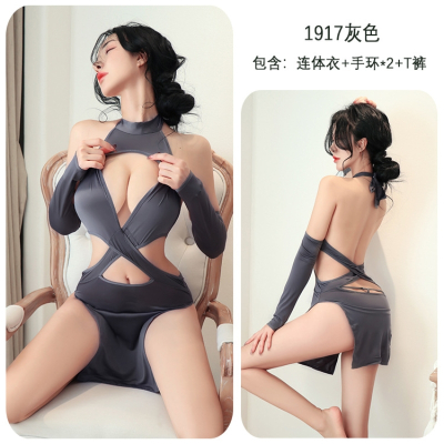 长夜漫漫情趣内衣性感连体交叉挂脖透视旗袍夜店制服睡衣套装1917