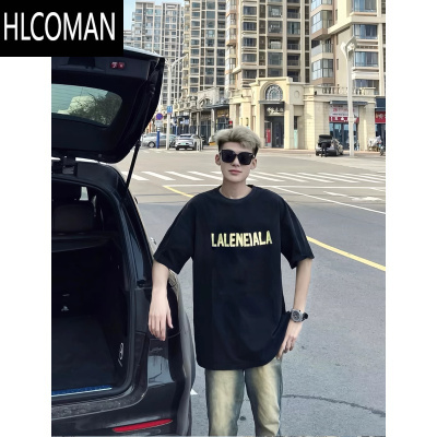 HLCOMAN2024网红黑短袖t恤男生高街潮牌个性夏季休闲宽松百搭ins上衣