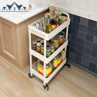 置物架落地多层收纳架蔬菜水果碗碟带轮可移动三层储物厨房小推车 三维工匠