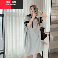 YIBUSHENG季新款大码宽松胖MM2-300斤polo领T恤中长款宽松短袖撞色连衣裙