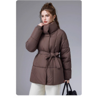 欧洲站冬季新款立领百搭棉衣棉服腰带款时尚简约洋气外套