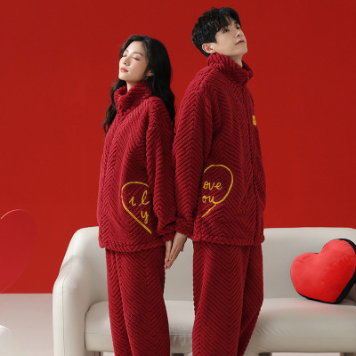 情侣睡衣秋冬季珊瑚绒本命年喜庆结婚大红色一男士一女家居服套装