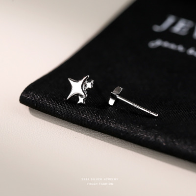 韩版冷淡风不对称四芒星耳钉女s999纯银潮流百搭轻奢星星足银耳饰送女朋友老婆情人节七夕生日礼物