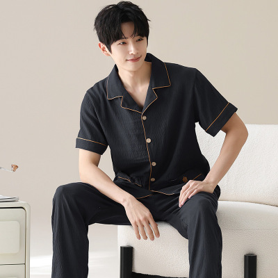 睡衣男士夏季云朵棉短袖长裤青少年开衫翻领休闲加大码家居服套装