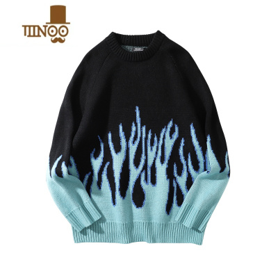 YANXU国潮街头男女同款OVSIZE宽松蓝色火焰针织毛衣ins情侣装上衣秋