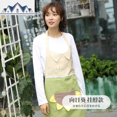 厨房长袖围裙家用做饭女时尚奶茶店工作服可爱日式棉麻布艺反穿衣 三维工匠