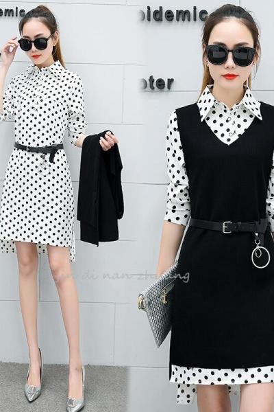 迪鲁奥(DILUAO)授权店铺春秋装2021年新款流行高端气质条纹长袖两件套套装连衣裙女小个子